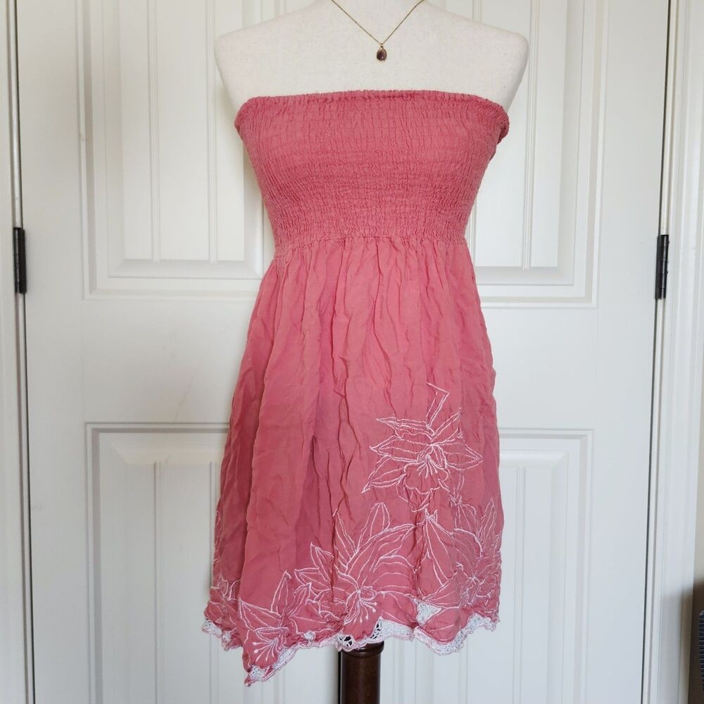 Ingredients Pink Strapless Sundress Floral Smocked Embroidered Lace Size M